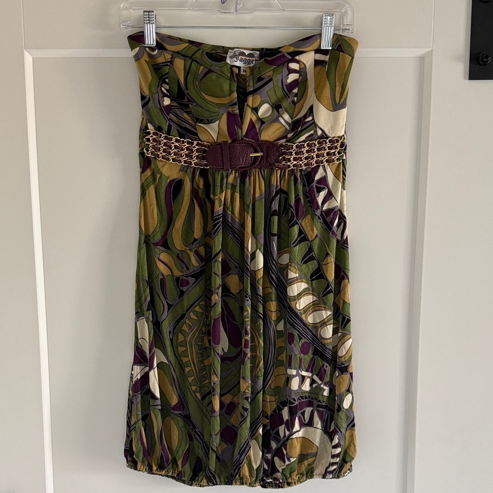 Jagger Multicolor 100% Silk Strapless Dress with Belt
